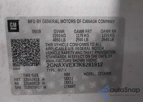 2019 Chevrolet Equinox Lt из США, поврежденный, VIN 2GNAXVEX3K6281912